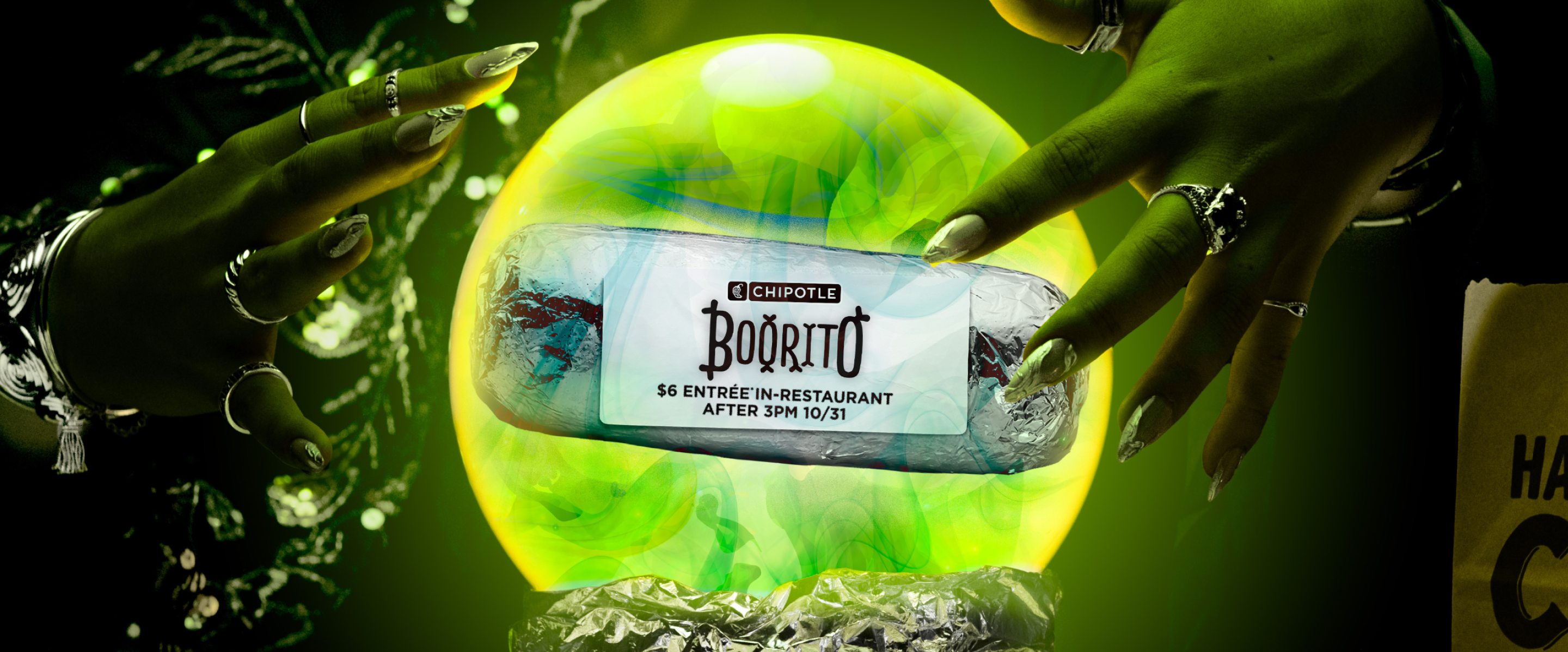 A Chipotle Boorito floats inside a crystal ball, with a label stating, "Chipotle Boorito. $6 entree in-restaurant after 3PM 10/31."