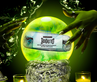 A Chipotle Boorito floats inside a crystal ball, with a label stating, "Chipotle Boorito. $6 entree in-restaurant after 3PM 10/31."